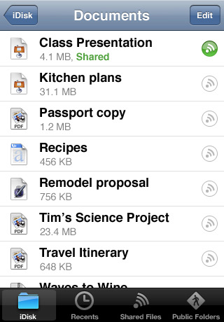 With a mobileme subscription you can access you files from any computer with an internet connection. Install mobileme idisk for iphone to your phone and you