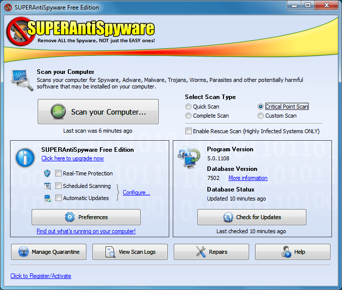 SUPERAntiSpyware Free 5.6.1020 Antivirus, spyware and malware protection